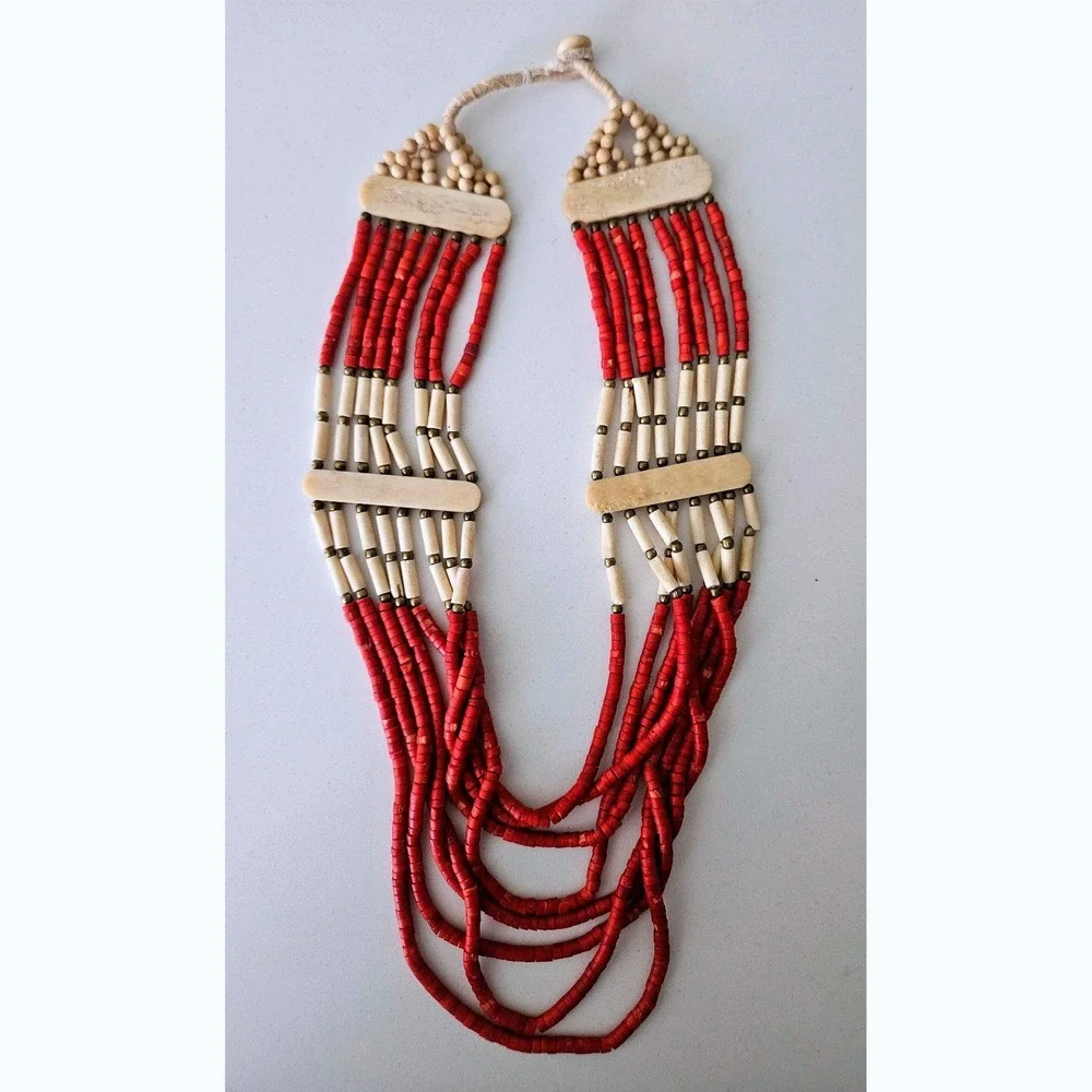 Multi-Strand Bone‎ Necklace - Hand-Etched Tribal Boho Statement Jewelry Vintage